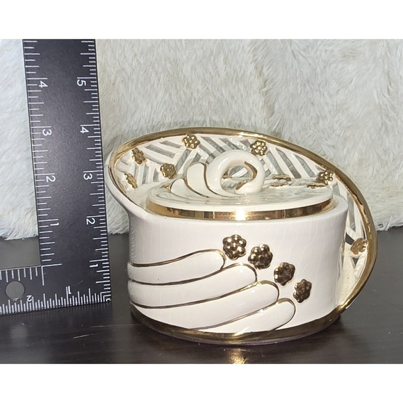 Hand Painted Italy Ceramic Covered Dish Gold Trim Lattice Rim Vintage Decorative - Picture 4 of 5